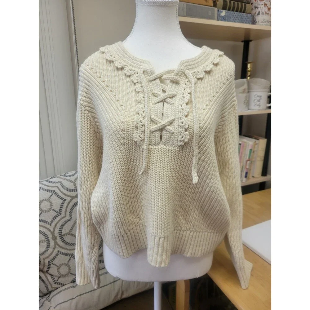 Derek Lam 10 Crossby Arif Lace Up Cotton Cashmere Crewneck Sweater L Women's Lux